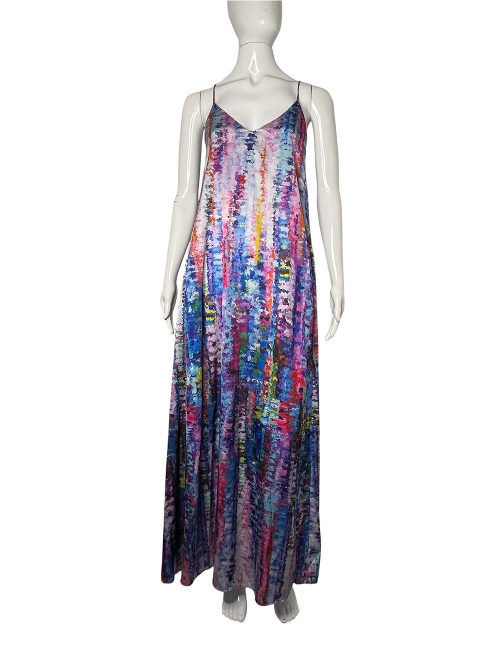 Nicole Miller Abstract Watercolor Satin A-line Maxi Slip Dress S